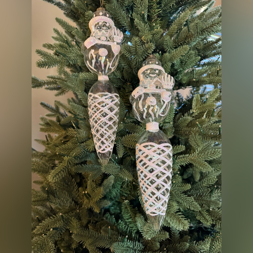New Set Of 2 Rare Vintage Handblown Clear Glass Unique Christmas Tree Ornaments